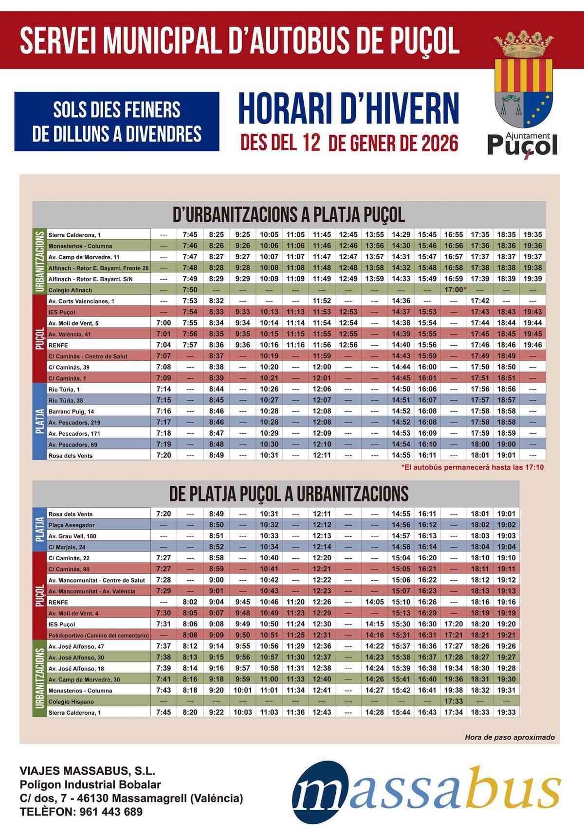 Nuevo horario del autobús de Puçol en 2026.