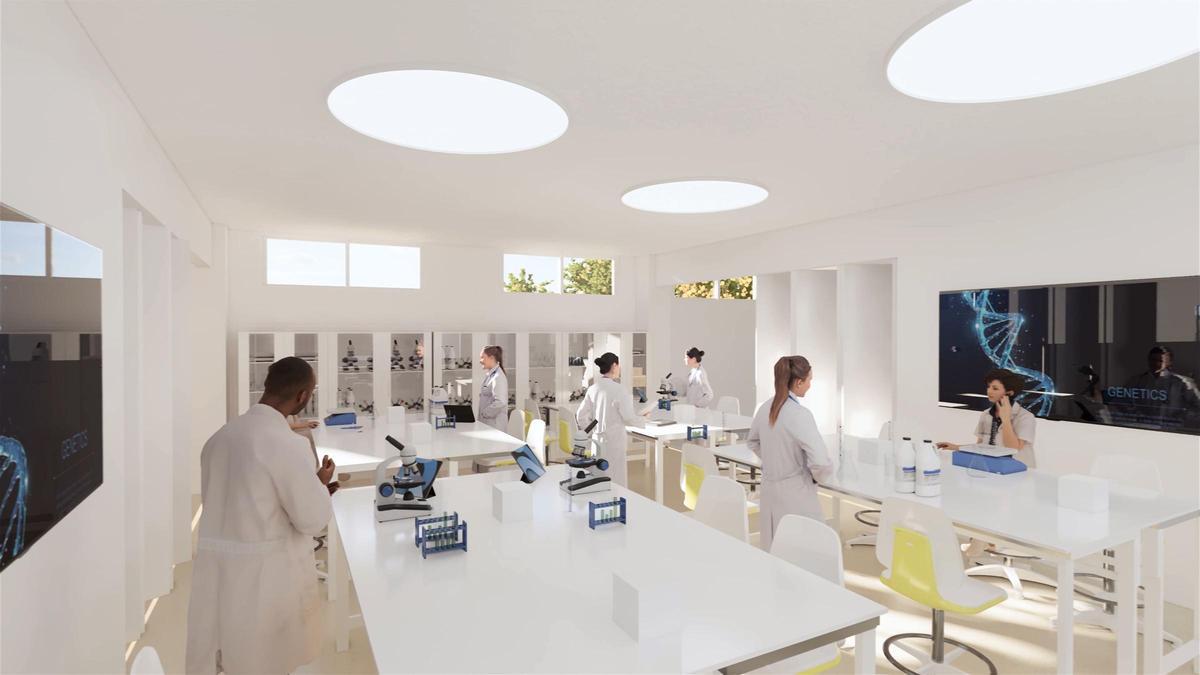 El centro de STEM es un espacio abierto y continuo que conecta el exterior con la biblioteca, en el que encontraremos un gran laboratorio y biblioteca