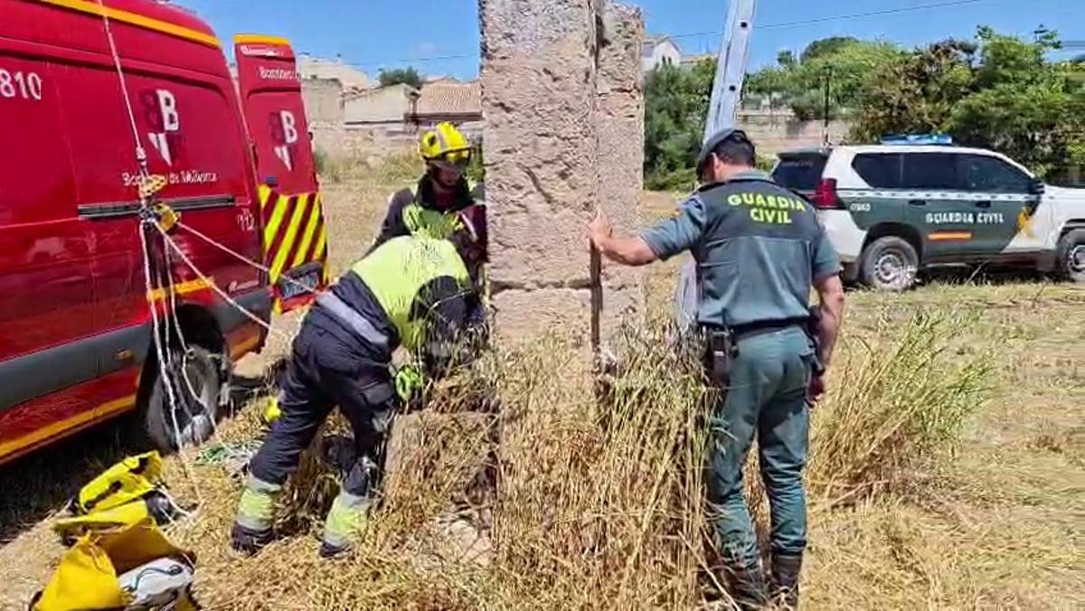 Bombers de Mallorca y Guardia Civil durante el rescate del perro en un pozo de Sant Joan.