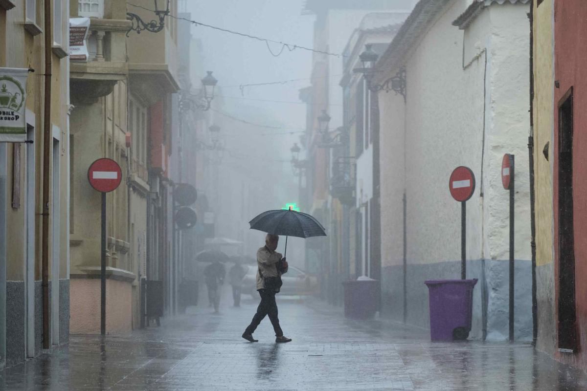 Un hombre pasea por el casco histórico de La Laguna durante la tormenta tropical ‘Hermine’. | | CARSTEN W. LAURITSEN