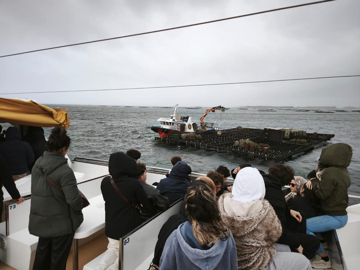 Los alumnos observan el trabajo en las bateas desde el «Fly Delfín».