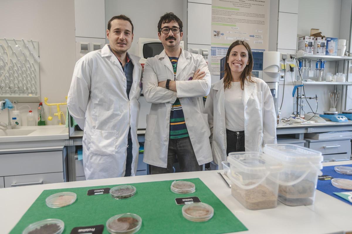 José Manuel Salgado, Nuño Muñoz y Helena Fernandes, en el laboratorio de BiotecnIA del campus de Ourense.