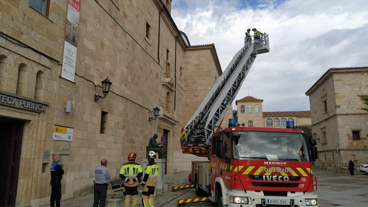 Los bomberos reponen los canalones junto a la Biblioteca de Zamora.