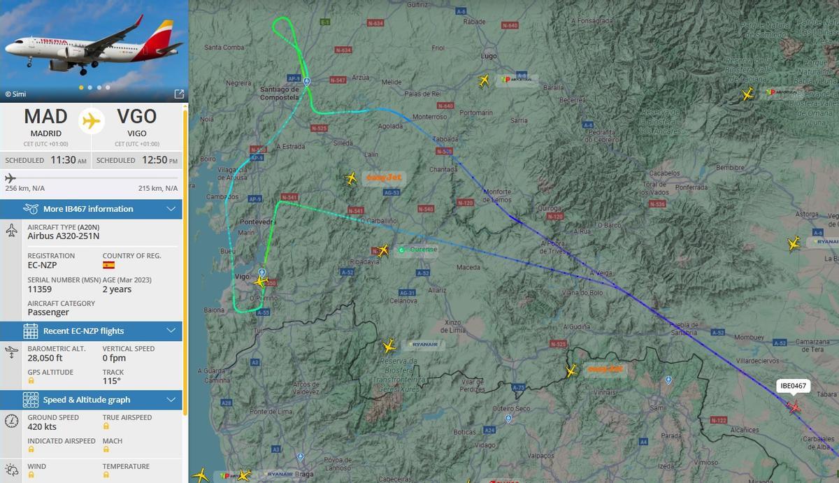 El avión Madrid - Vigo de Iberia frustró el aterrizaje tanto en Peinador como en Lavacolla.