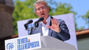 El líder del PP, Alberto Núñez Feijóo, participa en el mitin central de campaña de las elecciones europeas en Aragón, este domingo en Zaragoza.