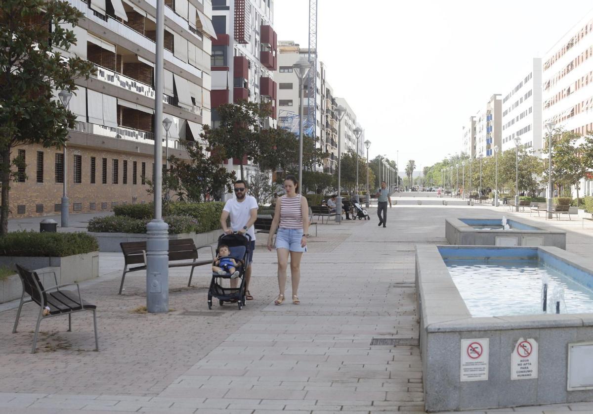 Bulevar en el Nuevo Zoco, con algún espacio de agua, pero con árboles de poco porte.