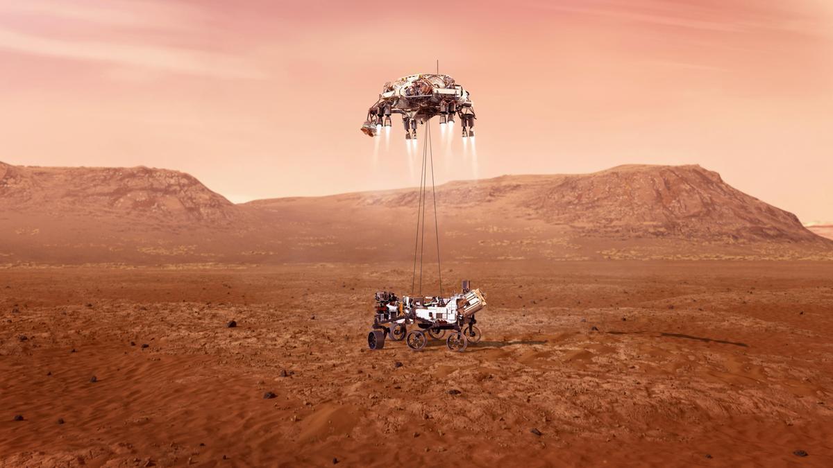 Ilustración del aterrizaje del robot Rover Perseverance en la superficie de Marte.