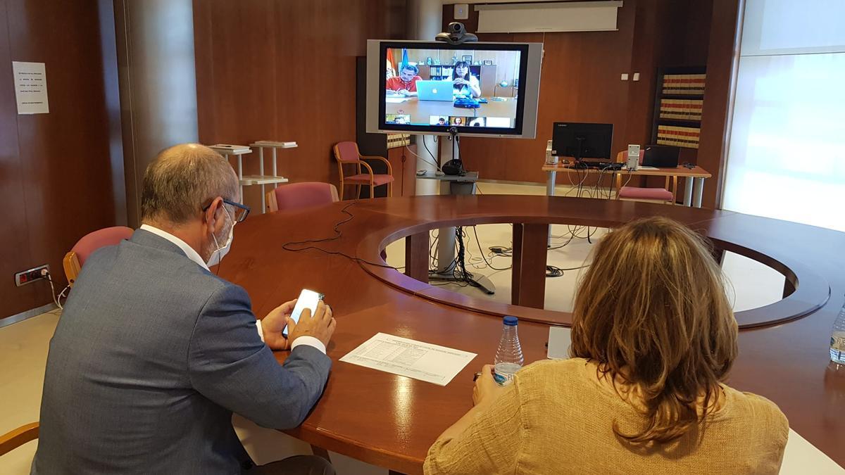 Mayte Pérez, de espaldas, y Sira Repollés, en la pantalla, en la reunión del Consejo Local ampliado de este lunes.