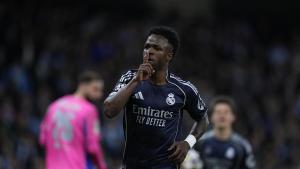 Vinicius Junior of Real Madrid CF celebrates a goal during the UEFA Champions League 2025/26 Round of 16 Second Leg match between Manchester City and Real Madrid C.F. at Etihad Stadium on March 17, 2026, in Manchester, England. AFP7 17/03/2026 ONLY FOR USE IN SPAIN. Dennis Agyeman / AFP7 / Europa Press;2026;SOCCER;SPAIN;SPORT;ZSOCCER;ZSPORT;Manchester City v Real Madrid C.F. - UEFA Champions League 2025/26 Round of 16 Second Leg