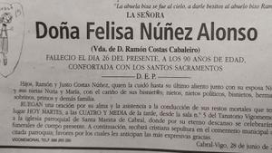 Esquela de Felisa Núñez Alonso publicada en FARO DE VIGO el 28 de junio de 2022. 