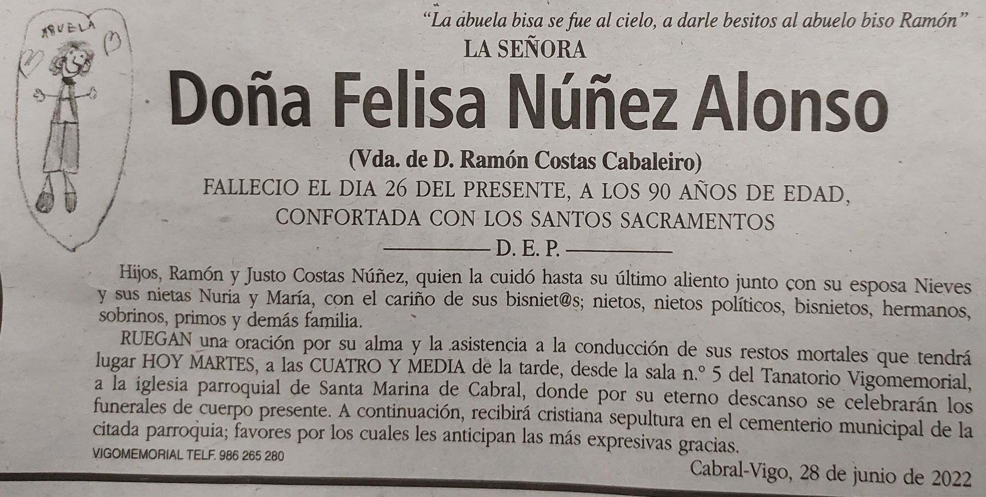 Esquela de Felisa Núñez Alonso publicada en FARO DE VIGO el 28 de junio de 2022.