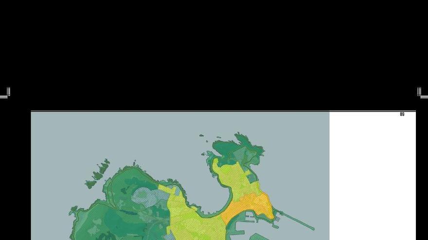 Los cuatro tipos de espacios de intervención: obras de mejora de la urbanización (naranja), naturalización de calles y plazas (verde claro), zonas urbanizadas de transición (azul) y anillo verde exterior (verde oscuro).