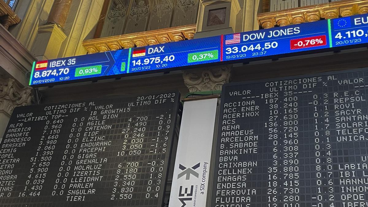 Paneles informativos de la Bolsa de Madrid.