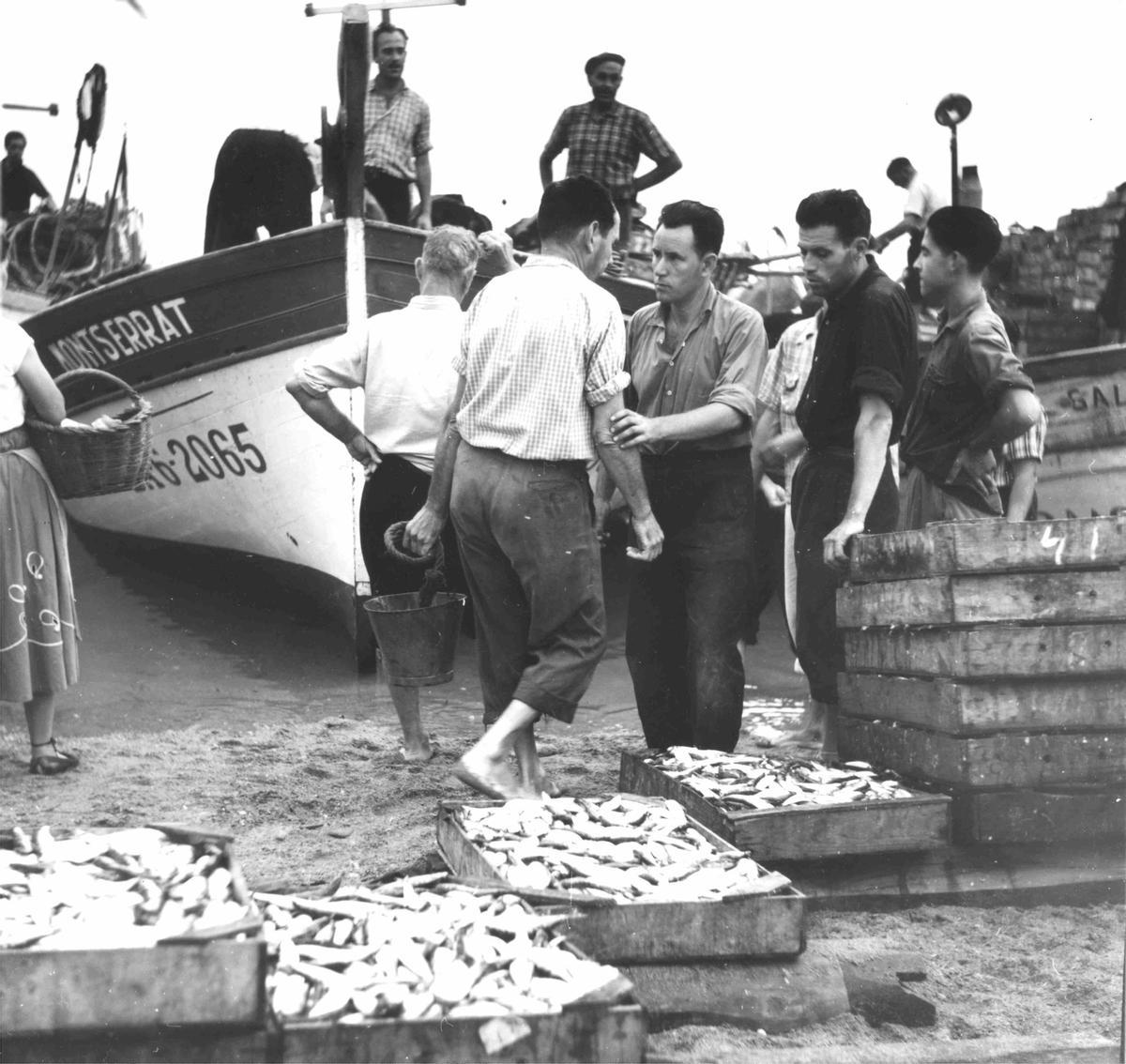Pescadors escalencs a la platja de les Barques, als anys cinquanta del segle passat