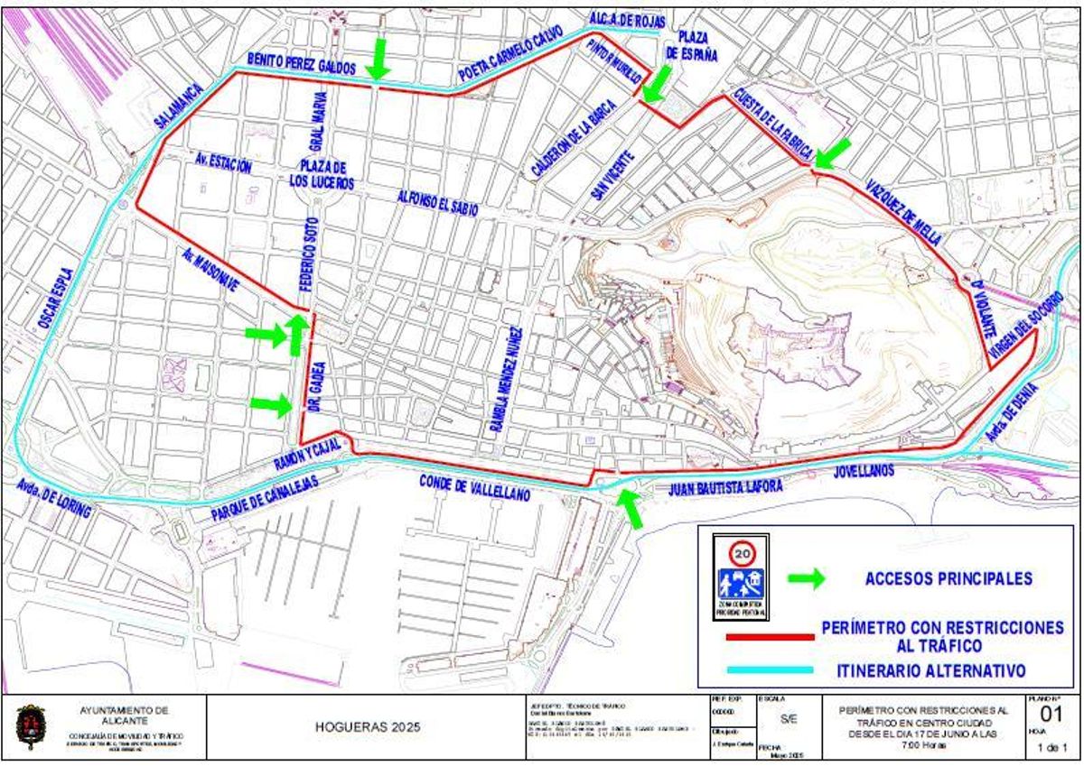 La zona con tráfico restringido por las Hogueras de Alicante