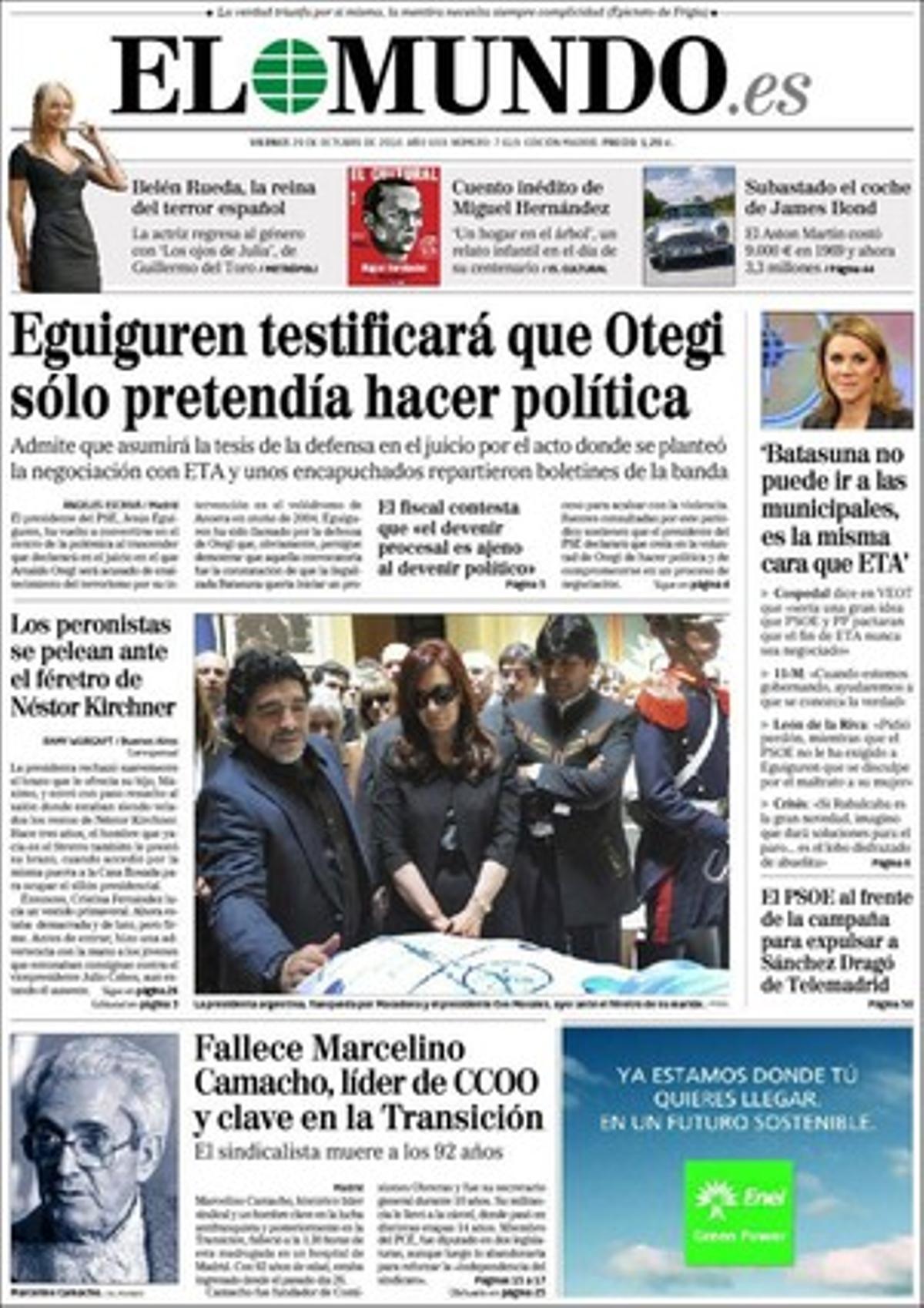 A les pàgines interiors ’El Mundo’ ressalta que el vicepresident tercer, Manuel Chaves, planteja ara que les llistes de candidats per a les municipals del maig no incloguin trànsfugues; que quatre vehicles sense conductor aconsegueixen recórrer 15.000 quilòmetres, de Belgrad a Xangai; que el ministre José Blanco viatjarà als Estats Units per buscar finançament privat per a obres públiques espanyoles, i que Esperanza Aguirre defensa Fernando Sánchez Dragó.