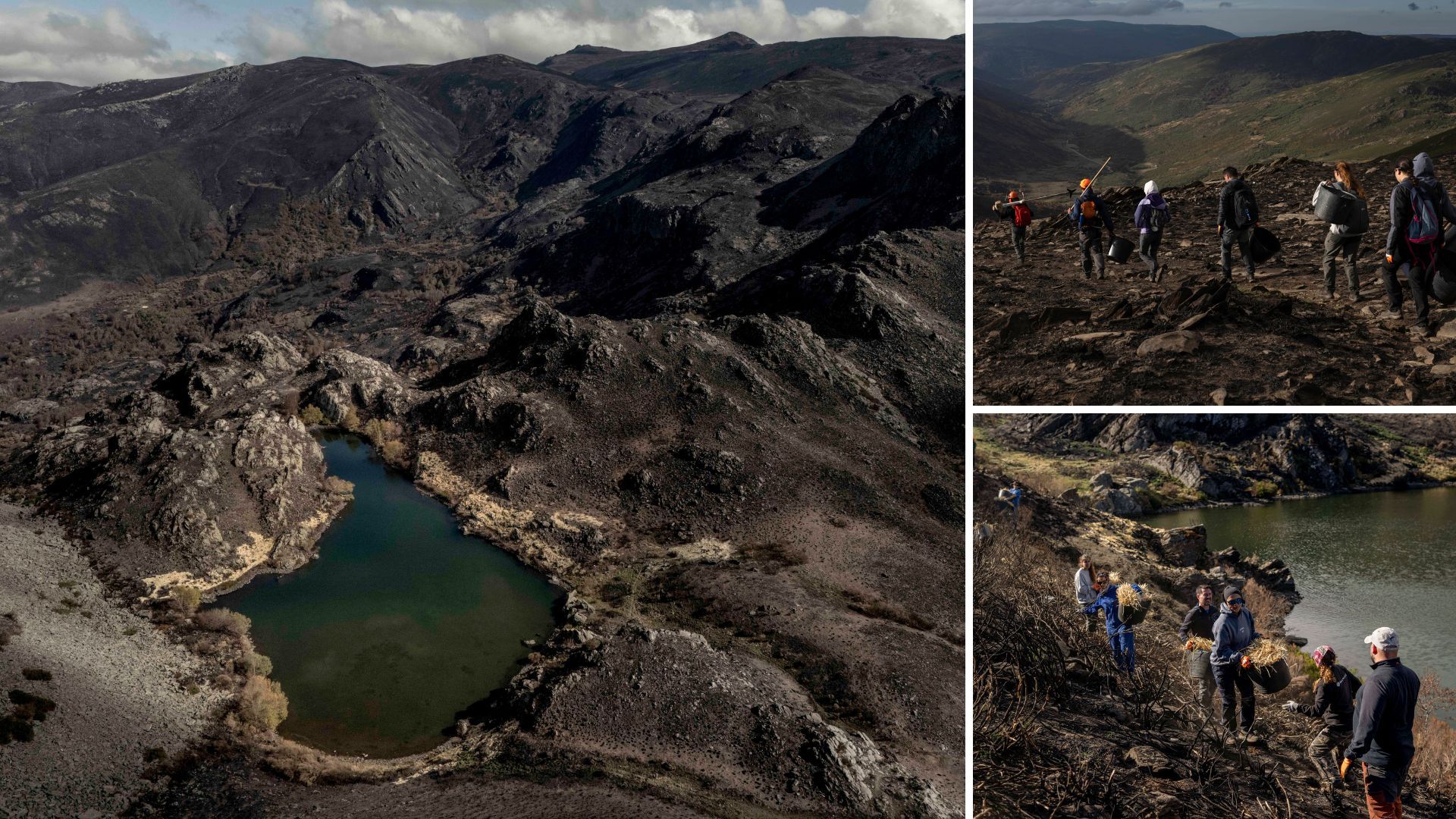 Así está dos meses después del incendio la Lagoa da Serpe, en Pena Trevinca, donde ayer trabajaron voluntarios para evitar la erosión.