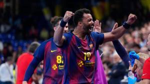 NGuessan celebra el triunfo del Barça frente al Nantes en el Palau.