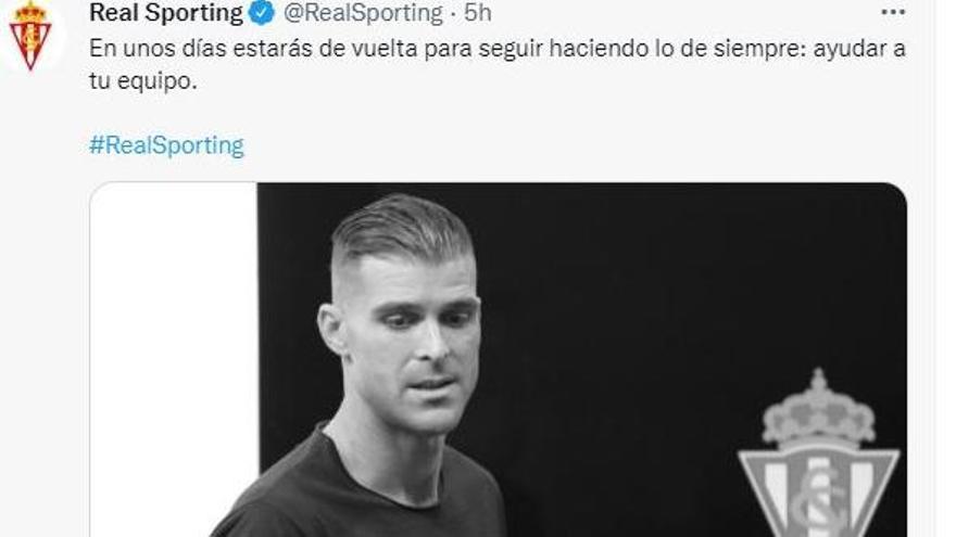 Captura del tuit del Sporting deseando una pronta recuperación a Cuéllar, que horas después fue borrado