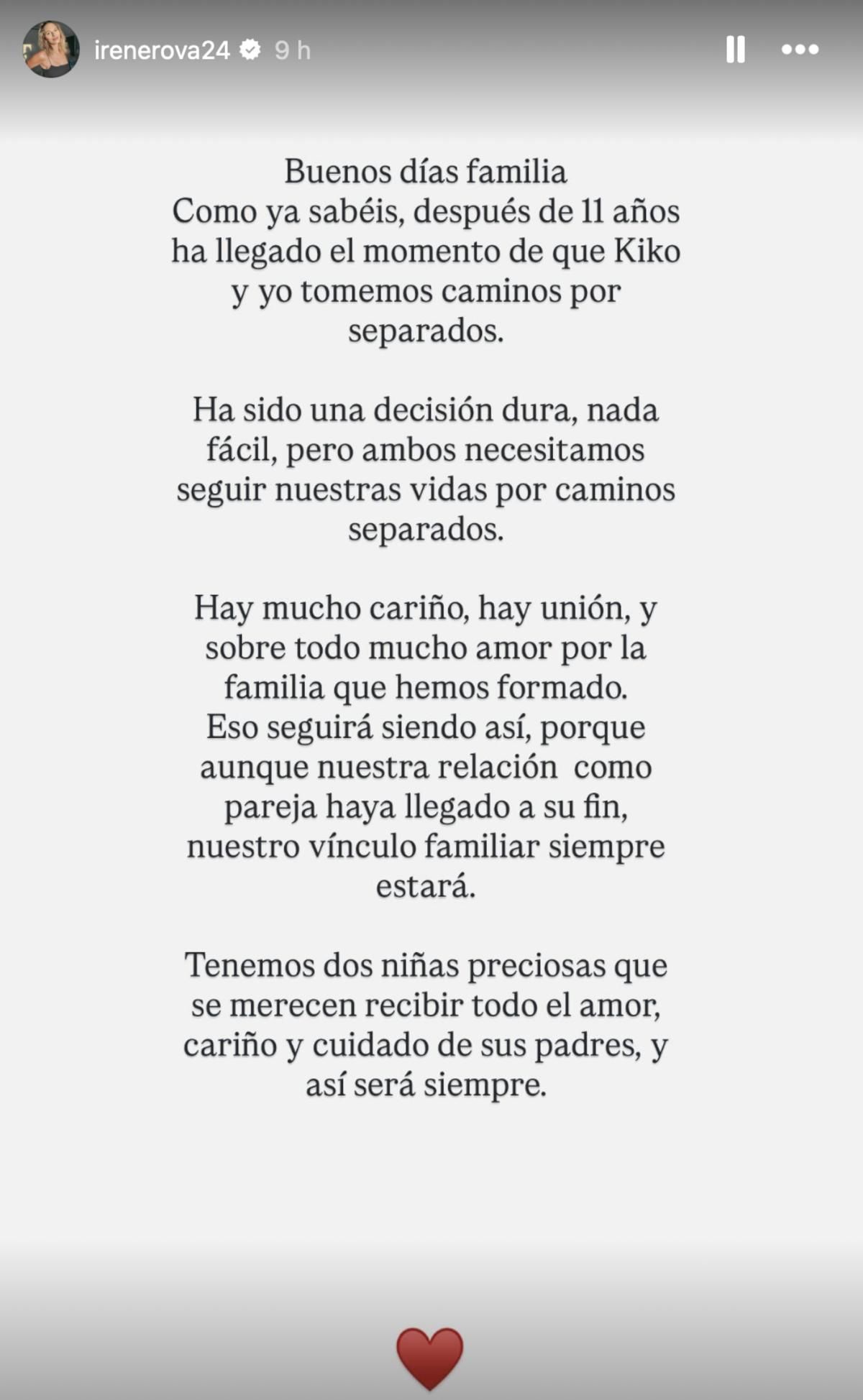 El comunicado de Irene Rosales en stories de Instagram