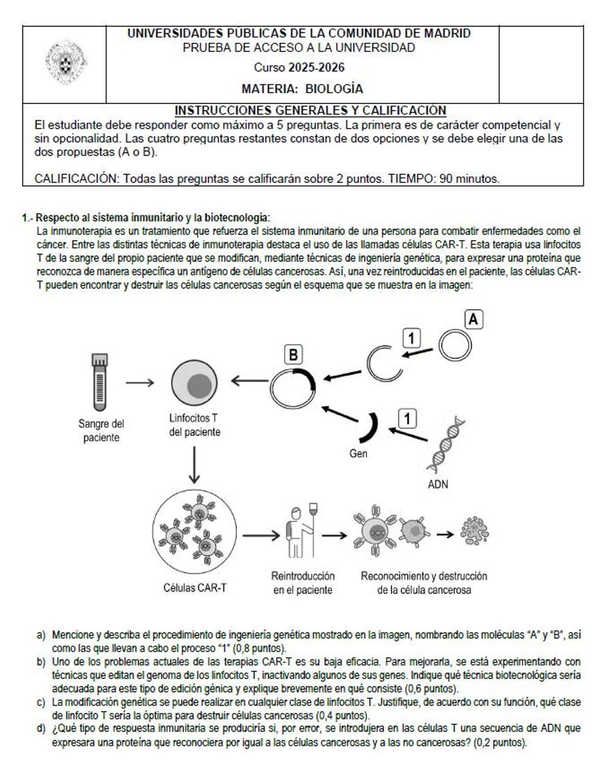 Examen de Biología de la PAU 2026 de Madrid