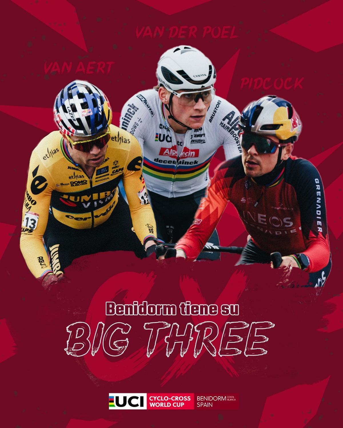 Mathieu Van der Poel, Wout van Aert y Tom Pidcock, el 'Big Three' del ciclocross mundial, se medirá por última vez en la presente campaña invernal el domingo 21 de enero en la Copa del Mundo de Ciclocross UCI – Benidorm Costa Blanca.