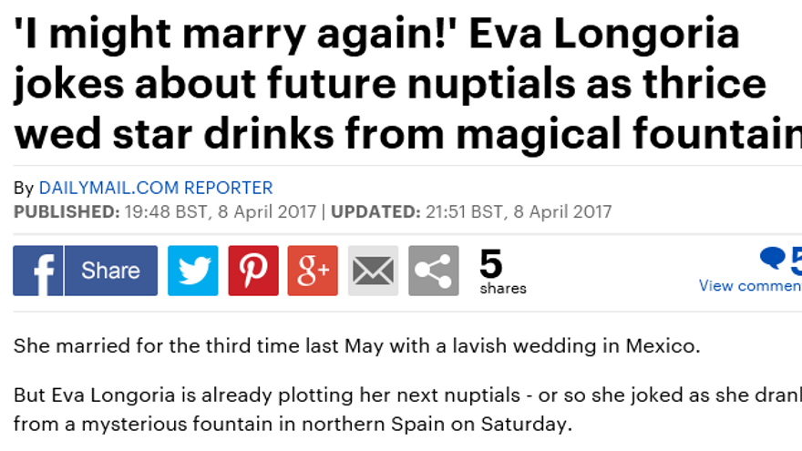 El &quot;Daily Mail&quot;: &quot;Eva Longoria bebe de una misteriosa fuente mágica&quot;