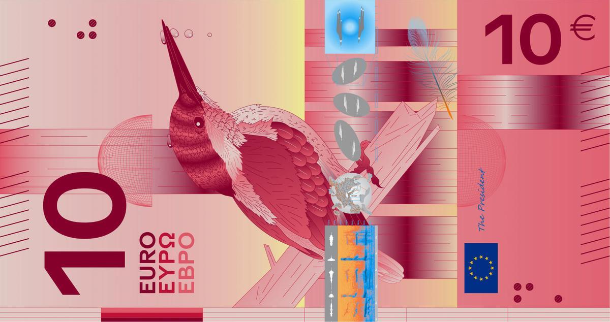 Diseño del billete de 10 euros en el que se ve al Martín Pescador y su presencia sobre el mapa de Europa, sus huellas y las ondas de sonido de su canto.