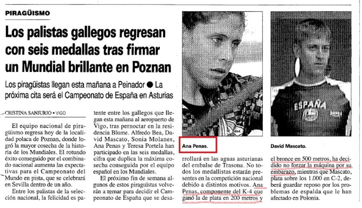 Publicación de Faro el 28 de agosto de 2001, en la que destaca el embarazo de Ana Pena, tras lograr la plata y el bronce en K 4 200 y K4 500, respectivamente en los Mundiales de Polonia.