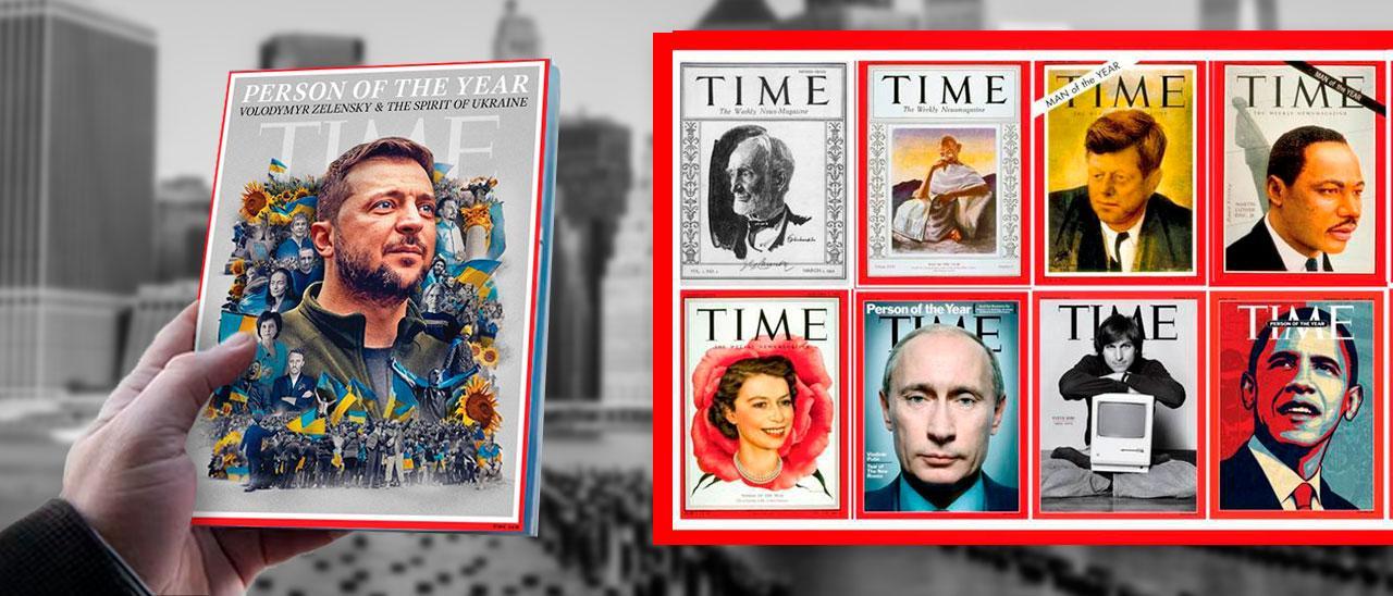 Imaxen recopilatoria de varias portadas icónicas da revista Time con sede en Manhattan