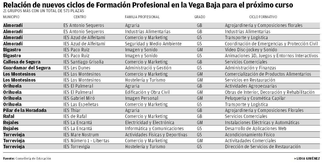 Nuevos ciclos de Formación Profesional en la Vega Baja para el próximo curso 2021/2022.