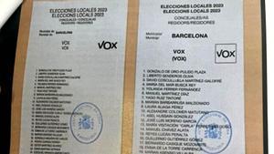 Las dos pàpeletas de VOX en las pasadas elecciones del 28 de mayo en Barcelona, con recuadro en el logo y sin él.