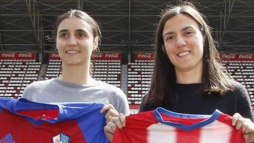 Por la izquierda, Zara Prieto y Candy Fernández, capitanas del Gijón y el Sporting, respectivamente.