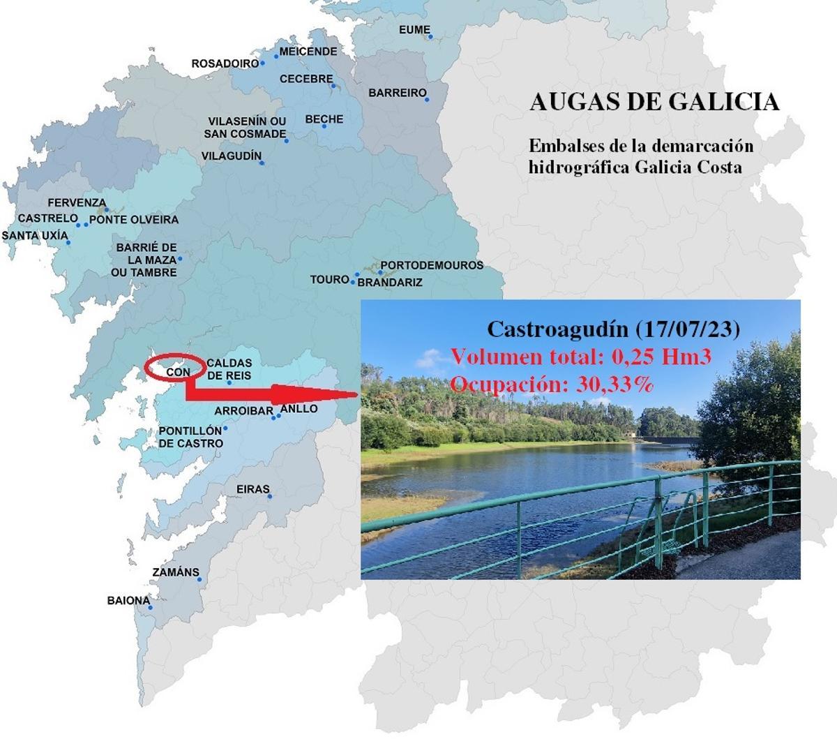 Mapa en el que se sitúan los diferentes embalses y se muestra el de Castroagudín (Vilagarcía).