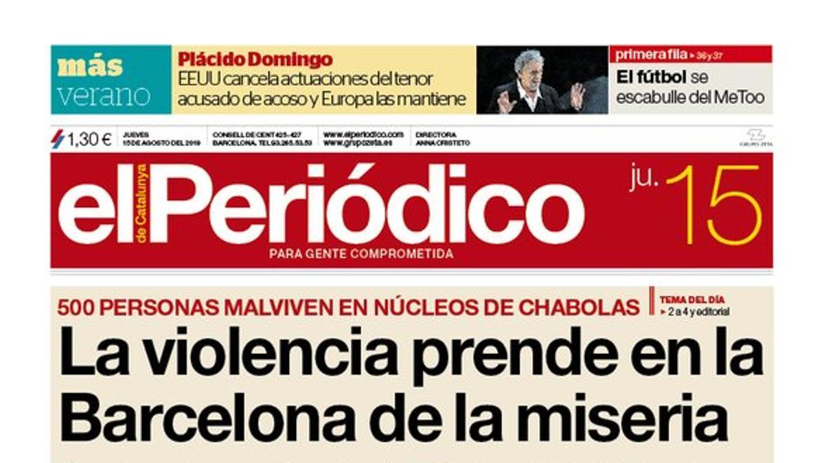 La portada de EL PERIÓDICO del 15 de agosto del 2019