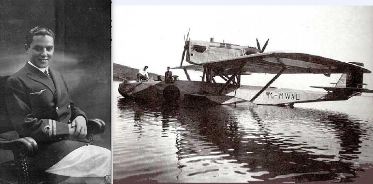 El teniente de navío Juan Manuel Durán y el hidroavión en el que viajó, el Plus Ultra.