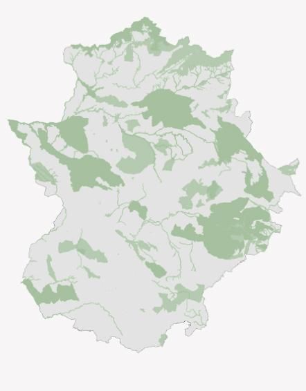 Mapa de la Red Natura 2000 en Extremadura. En verde, las zonas ZEPA y ZEC.