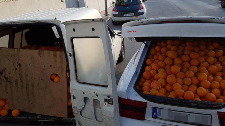 Los dos vehículos, a tope de naranjas