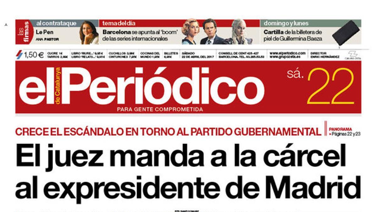 La portada de EL PERIÓDICO del sábado, 22 de abril del 2017.