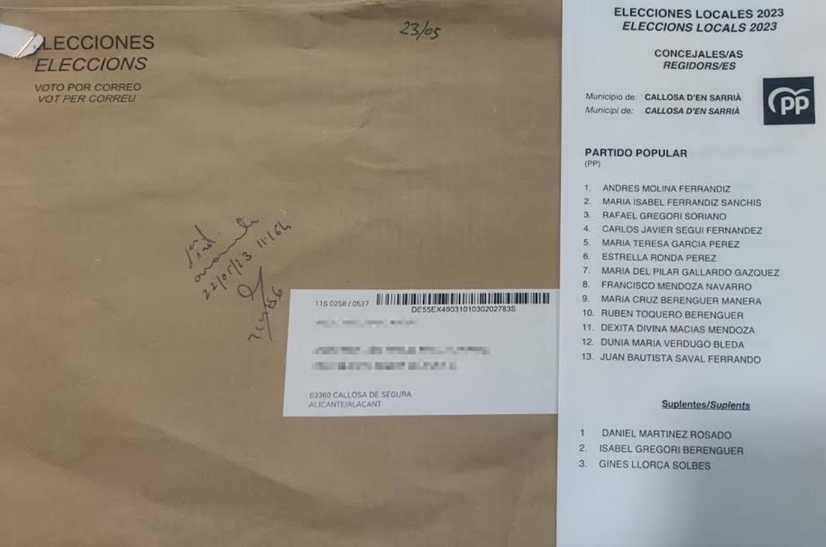 Voto por correo recibido en Callosa de Segura con las papeletas de Callosa d'en Sarrià