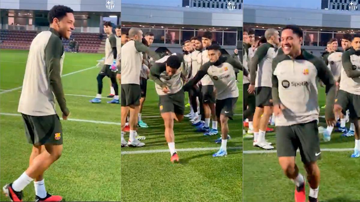 Collejas a Vitor Roque antes del entrenamiento del Barça