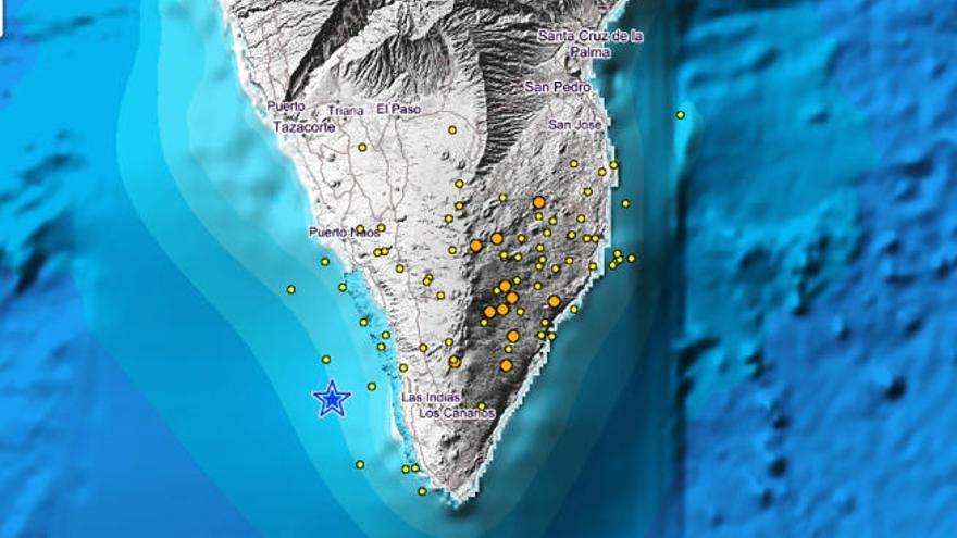 Mapa de La Palma con los terremotos registrados.