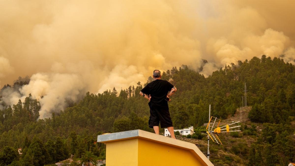 Un vecino observa desde el tejado de una casa el incendio forestal declarado en  la Palma, cerca de una vivienda, a 15 de julio de 2023, en Puntagorda, La Palma, Canarias (España). Este incendio declarado en la madrugada de hoy en zona urbano forestal en
