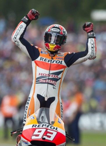 Honda MotoGP rider Marquez of Spain celebrates after winning the Dutch Grand Prix in Assen
