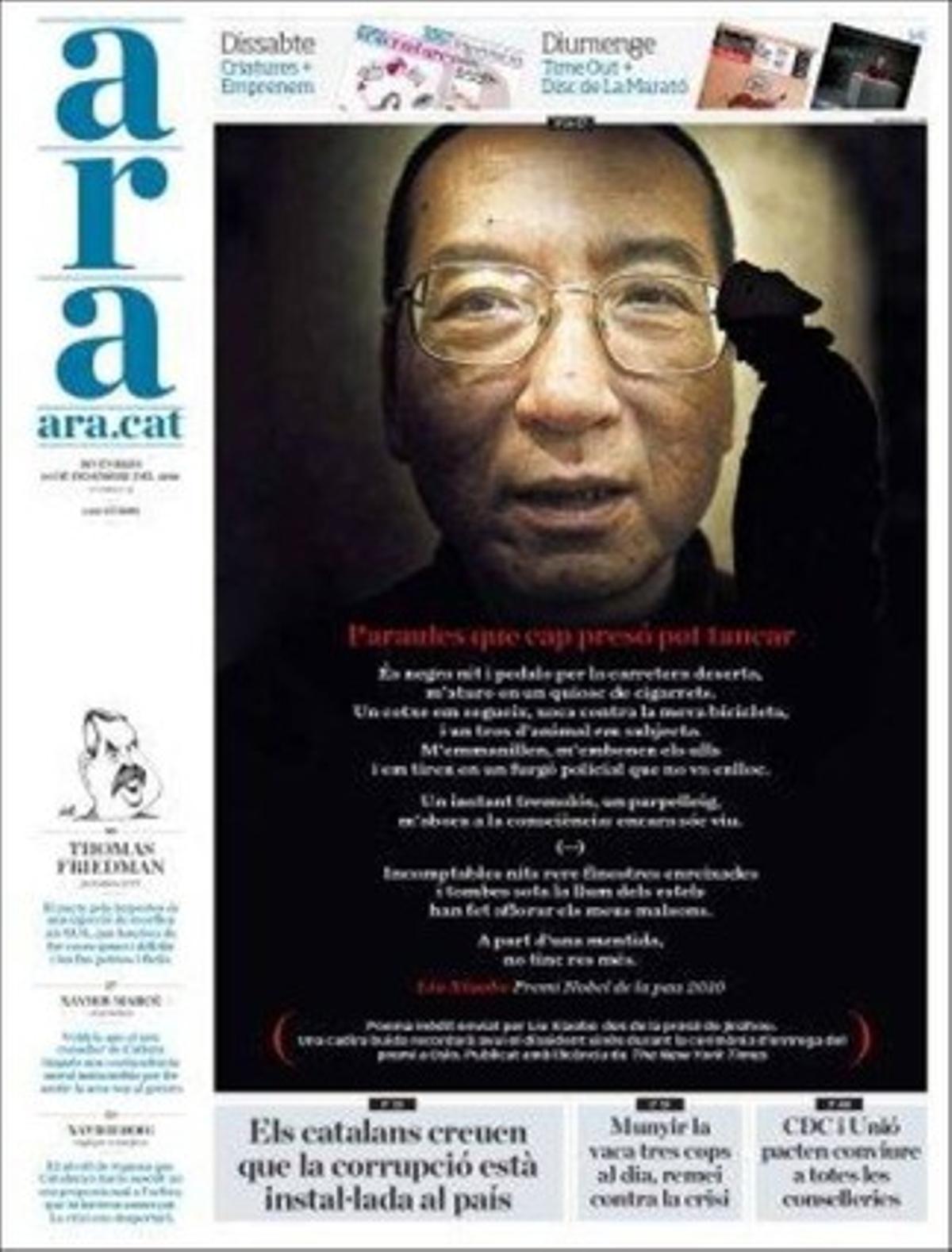 ’Ara’ destaca que CiU i UDC compartiran poder en totes les conselleries d’un Govern que no tindrà compartiments estancs com van tenir els de Jordi Pujol, i que un tribunal de Parma ha dictat una sentència exemplar --en multa i en pressió-- pel ’cas Parmalat’.