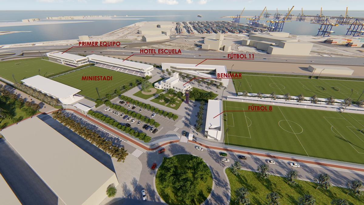 Figuración virtual de la futura ciudad deportiva del Levante UD con el hotel-escuela al fondo.