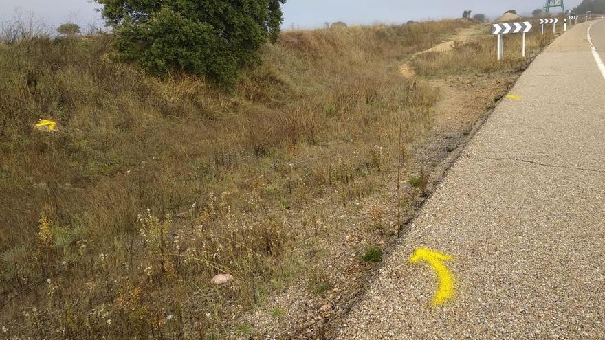 Señal indica a los peregrinos que salgan de la carretera para seguir por un camino de tierra.