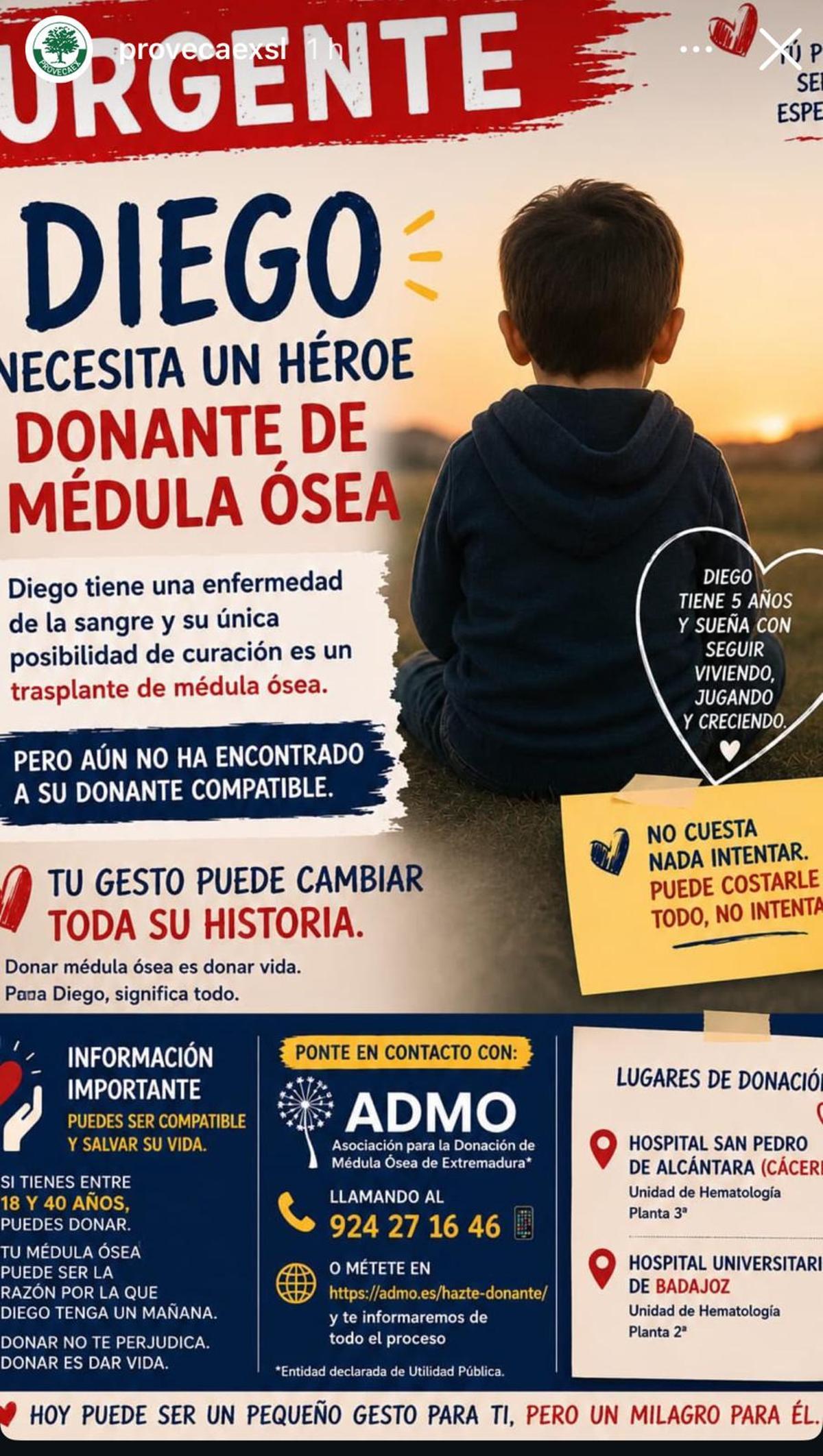 Cartel difundido en redes sociales para impulsar la búsqueda de un donante de médula compatible para Diego, el niño de cinco años de Alcuéscar que lucha contra la leucemia.