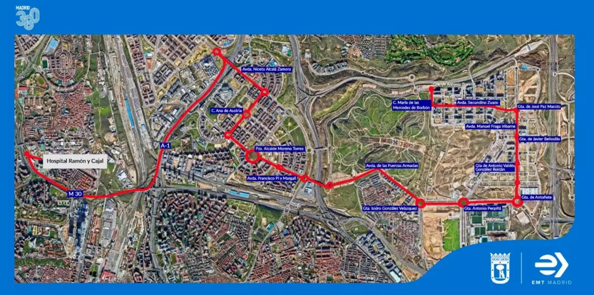 Mapa de la línea piloto de Busrapid que unirá Valdebebas con el Hospital de Ramón y Cajal.