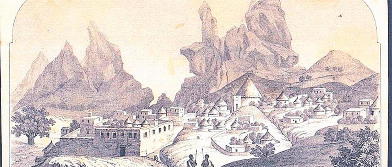 Àdua en una representació de 1838, al fons les muntanyes de Simien
